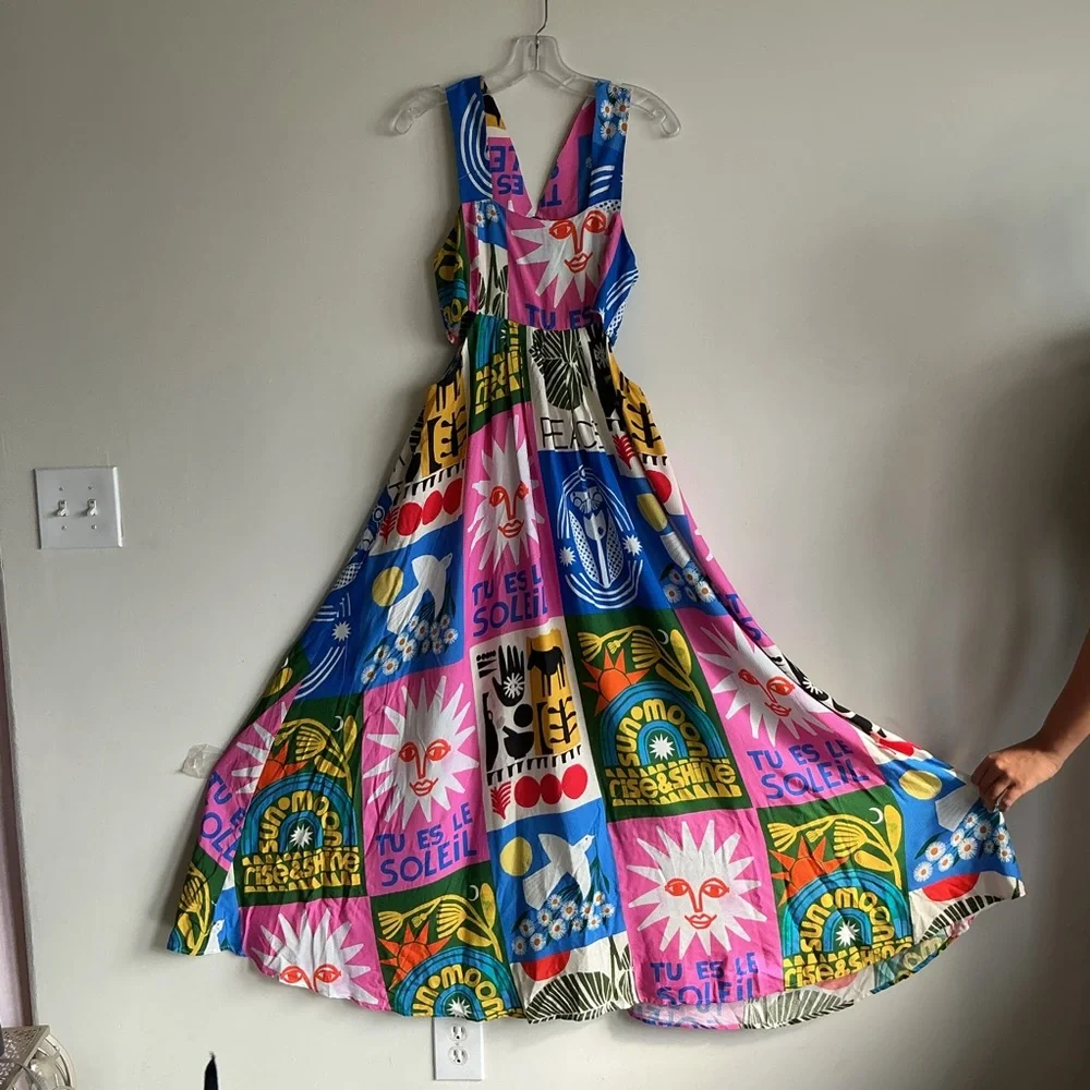 NEW Anthropologie Cutout Maxi Dress Vibrant Statement Artsy Patchwork Sun moon S - Picture 5 of 9